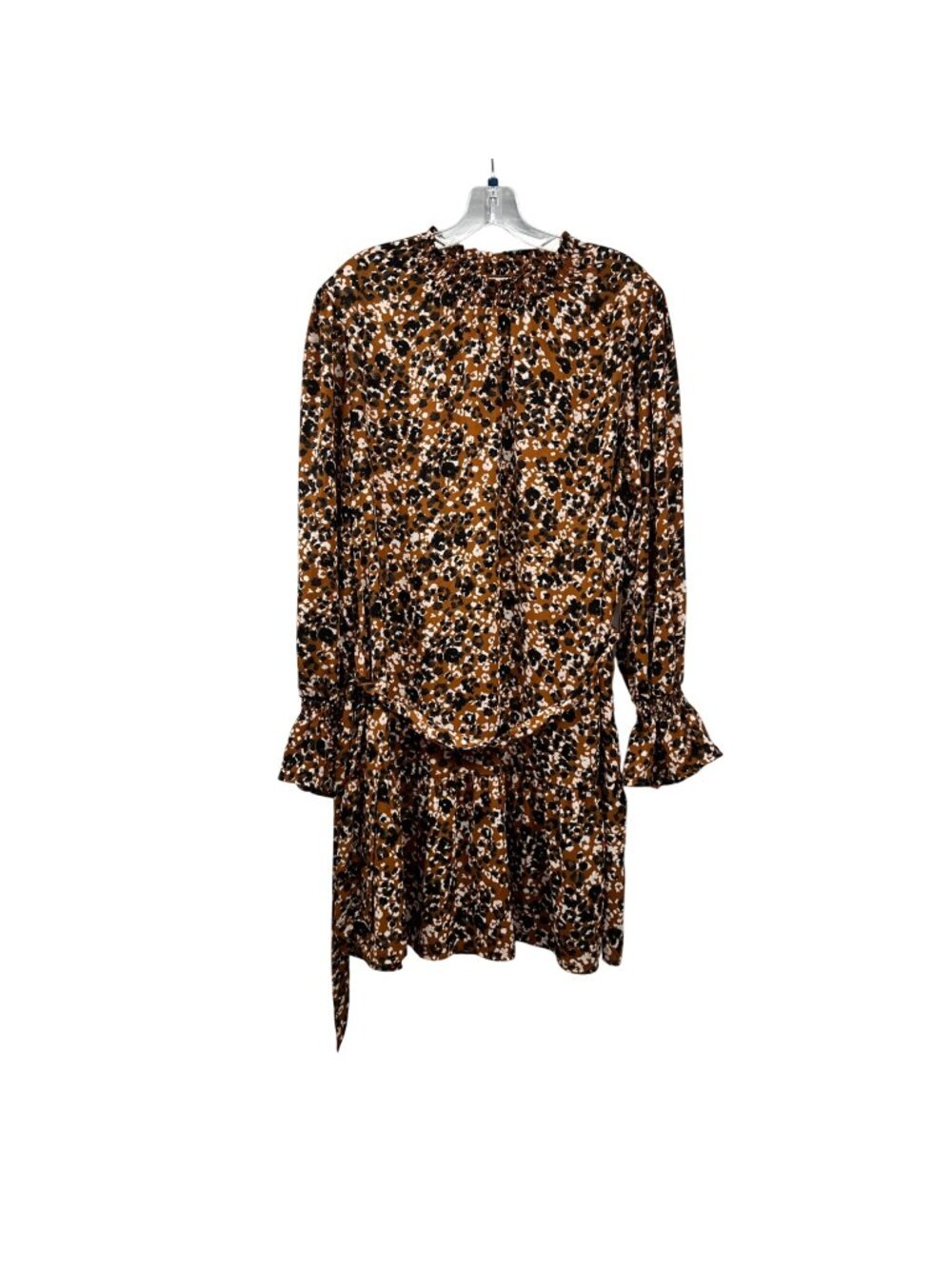 Ophelia Roe Print Shift Dress Long Sleeve Ruffle Hem Multicolor Size XL Belted